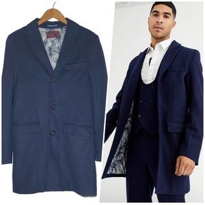 Harry Brown | Men | Navy Blue Premium Wool Blend Classic Overcoat | Size Small